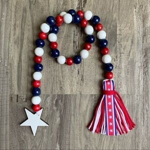 Red White and Blue Wood Bead Garland Tassels Star Patriotic